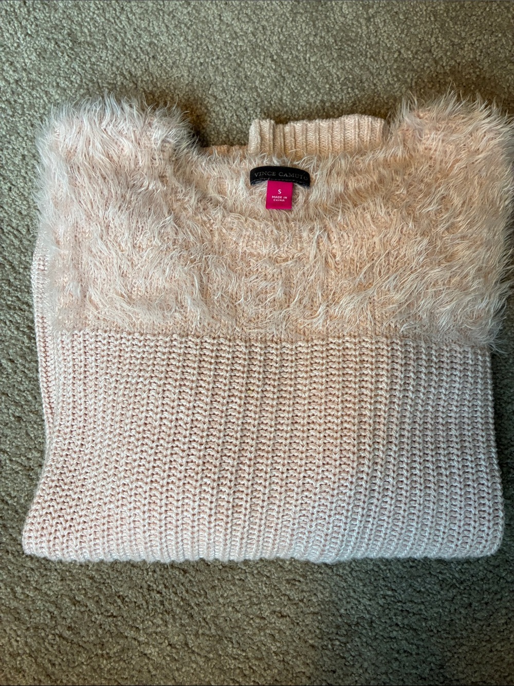 Vince Camuto Blush Pink Fuzzy-Trim Crewneck Sweater